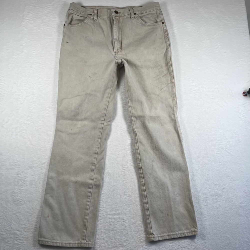 Wrangler Cowboy Cut Jeans Mens 35x31 Beige Straight Light Wash‎ Stains 936TAN